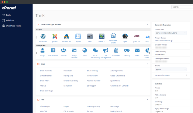 Interface cPanel - Panneau de contrôle d'hébergement web